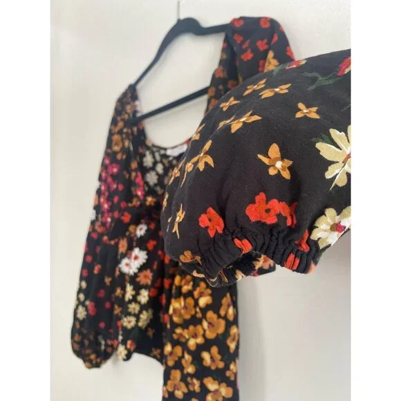 Patrons Of Peace Women’s Black Floral Puff Sleeve Rayon Crop Top Size S - Picture 3 of 7
